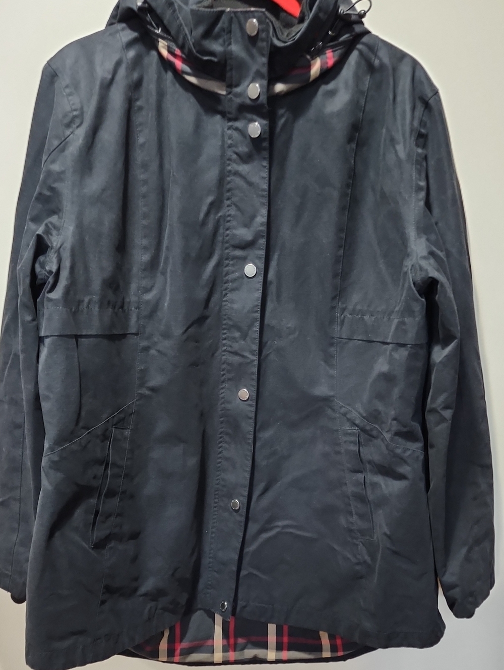 Pendleton Women's Black Hooded Trench Coat with Plaid Trim Size XL Preowned